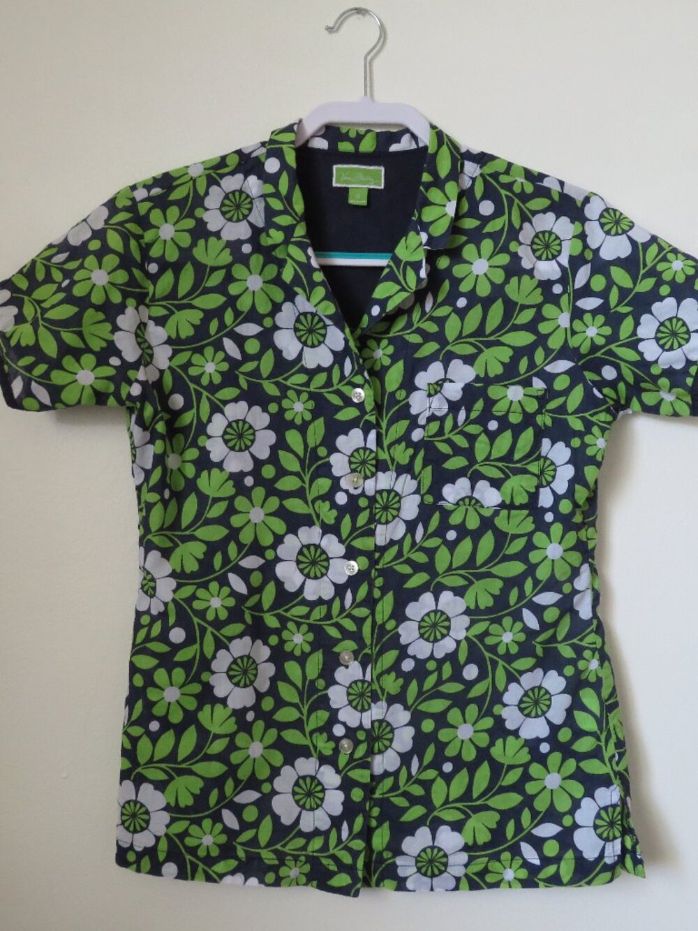 Vera Bradley Green Floral Button-Down Cotton Blouse Size S